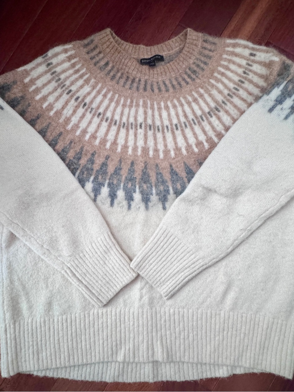 Banana Republic Cream Crewneck Sweater with Camel and Gray Fair Isle Yoke
